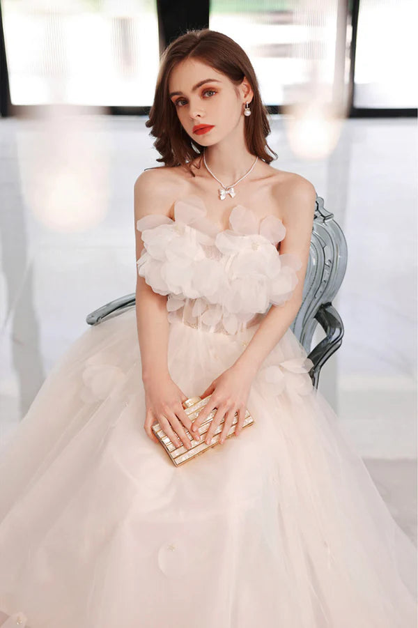 White Flowers Long A-Line Prom Dress Strapless Evening Party Dress