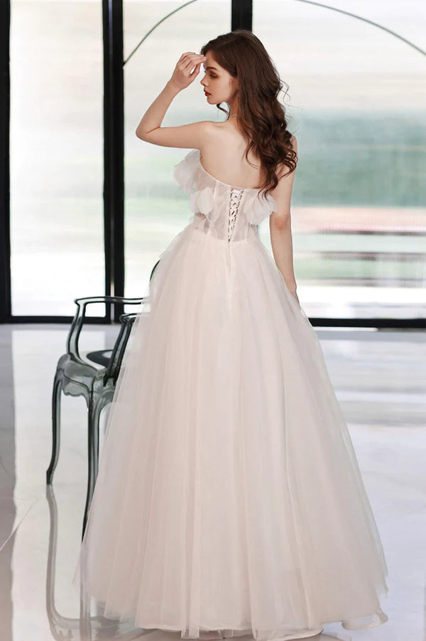 White Flowers Long A-Line Prom Dress Strapless Evening Party Dress