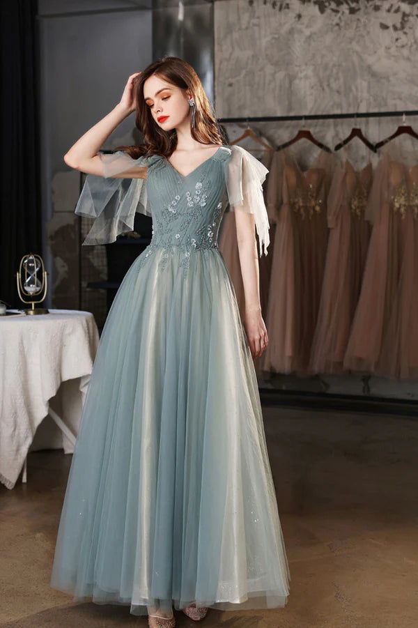 Green V-Neck Tulle Long Prom Dress Cute A-Line Graduation Dress