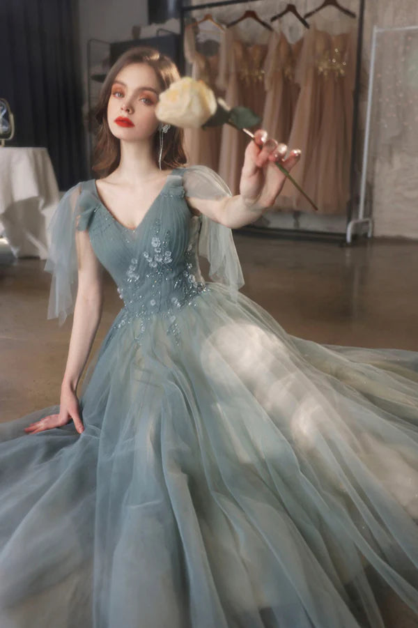 Green V-Neck Tulle Long Prom Dress Cute A-Line Graduation Dress