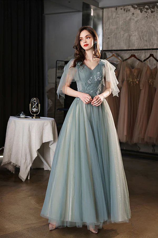 Green V-Neck Tulle Long Prom Dress Cute A-Line Graduation Dress
