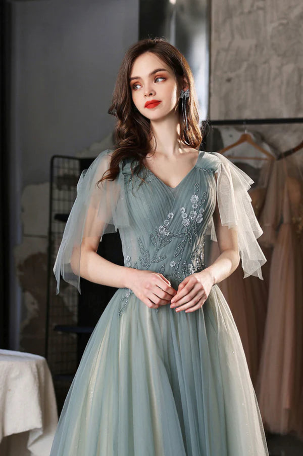 Green V-Neck Tulle Long Prom Dress Cute A-Line Graduation Dress