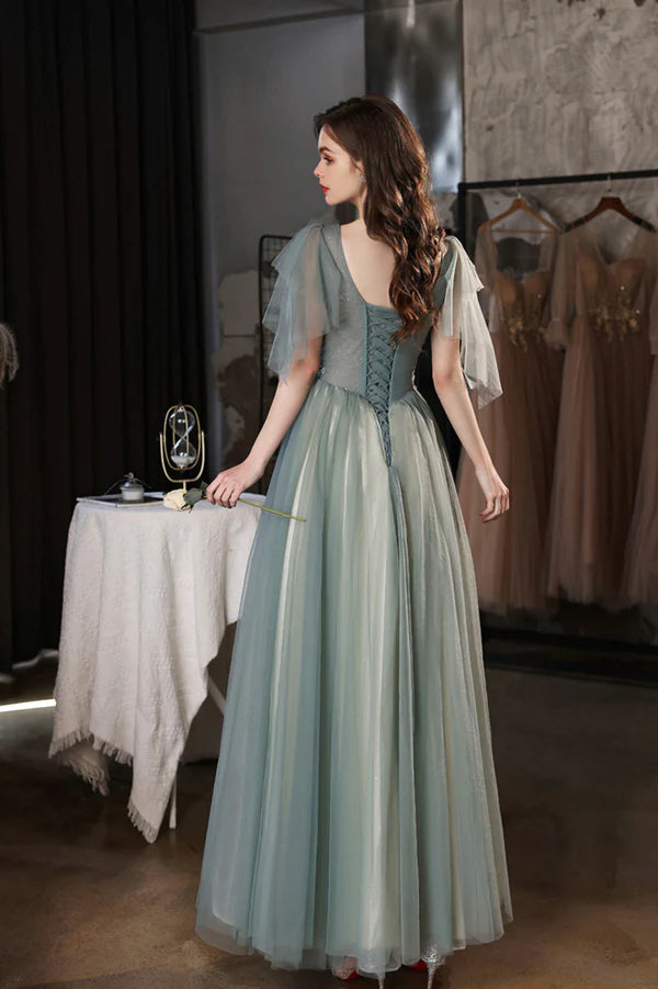 Green V-Neck Tulle Long Prom Dress Cute A-Line Graduation Dress