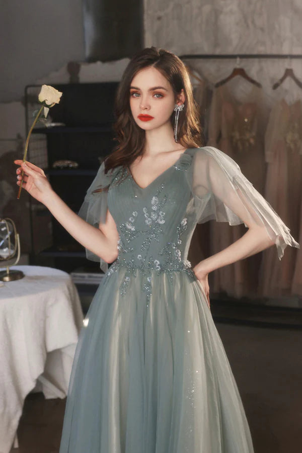 Green V-Neck Tulle Long Prom Dress Cute A-Line Graduation Dress