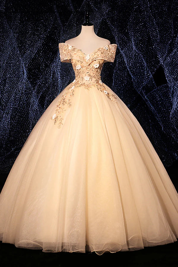 Champagne V-Neck Lace Long Ball Gown Off the Shoulder Formal Evening Dress