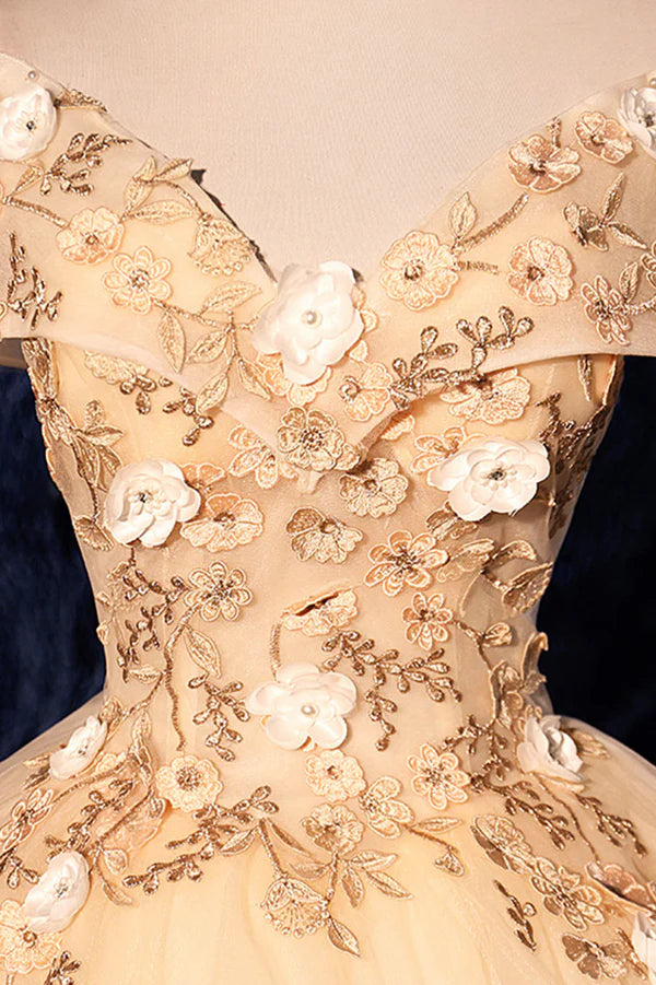 Champagne V-Neck Lace Long Ball Gown Off the Shoulder Formal Evening Dress