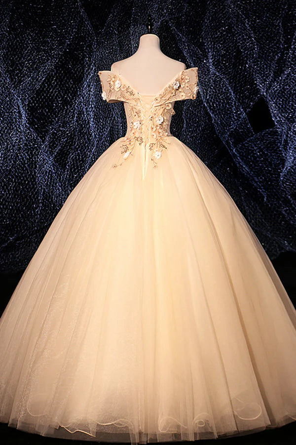 Champagne V-Neck Lace Long Ball Gown Off the Shoulder Formal Evening Dress