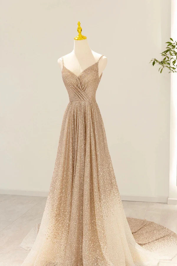 Gold V-Neck Sequins Long Prom Dress Shiny A-Line Evening Formal Dress