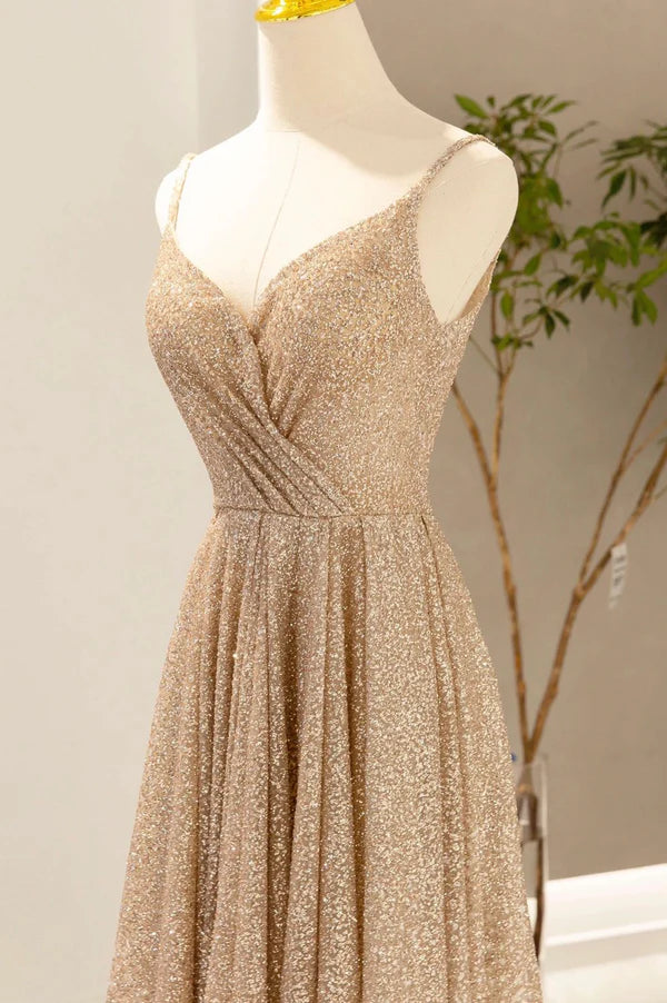 Gold V-Neck Sequins Long Prom Dress Shiny A-Line Evening Formal Dress