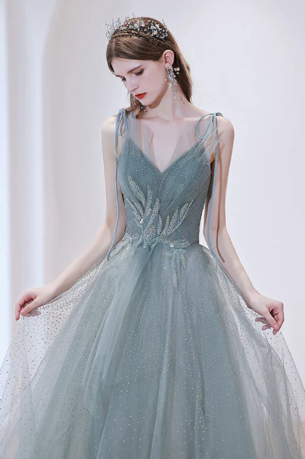 Cute V-Neck Tulle Long Prom Dress Beautiful Spaghetti Straps Evening Dress