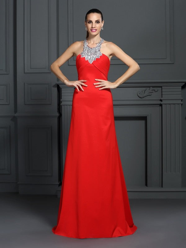 A-Line/Princess High Neck Beading Sleeveless Long  Woven Satin Dresses