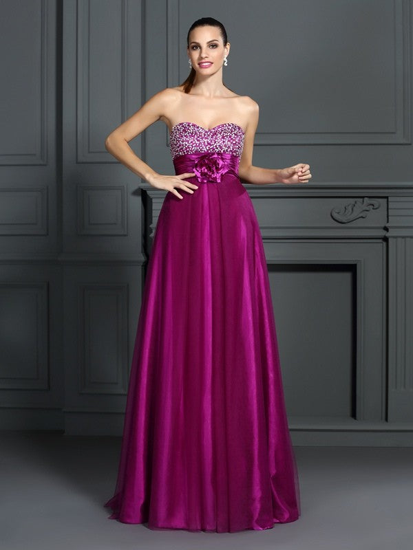 A-Line/Princess Sweetheart Hand-Made Flower Sleeveless Long  Woven Satin Dresses