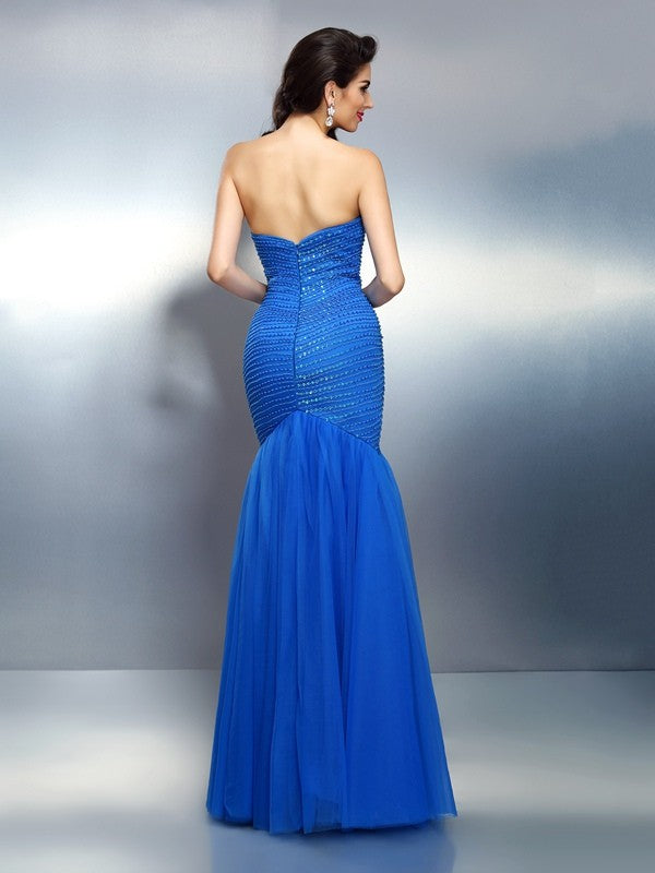 Trumpet/Mermaid Sweetheart Rhinestone Sleeveless Long Satin Dresses