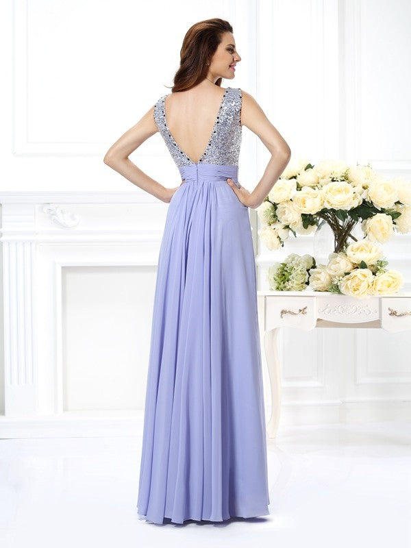 A-Line/Princess Bateau Lace Sleeveless Paillette Long Chiffon Dresses