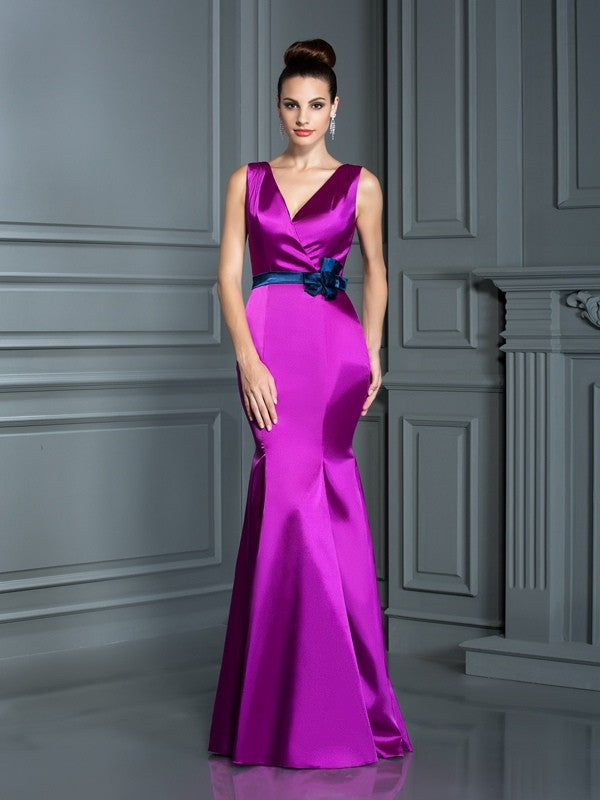 Trumpet/Mermaid V-neck Hand-Made Flower Sleeveless Long  Woven Satin Bridesmaid Dresses