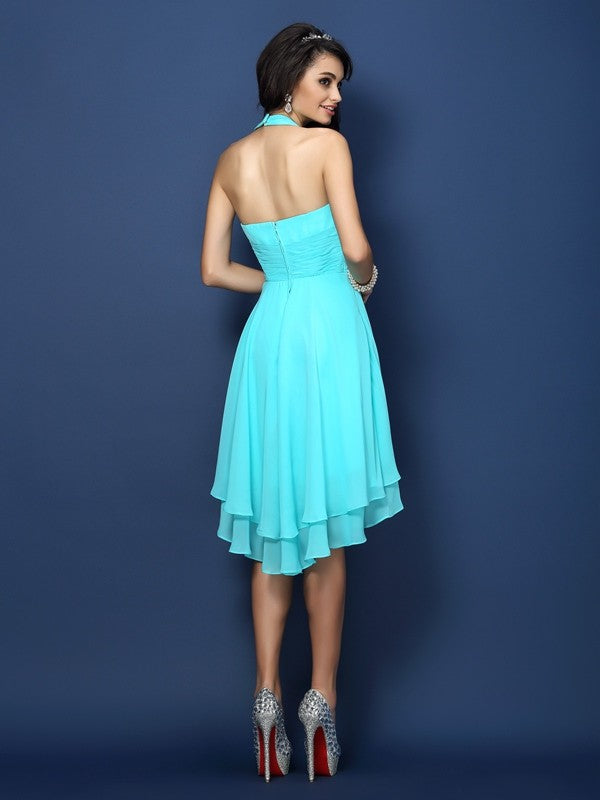 A-Line/Princess Halter Pleats Sleeveless Short Chiffon Bridesmaid Dresses