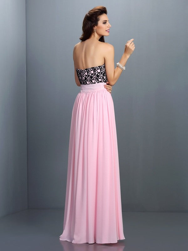 A-Line/Princess Sweetheart Lace Sleeveless Long Chiffon Dresses