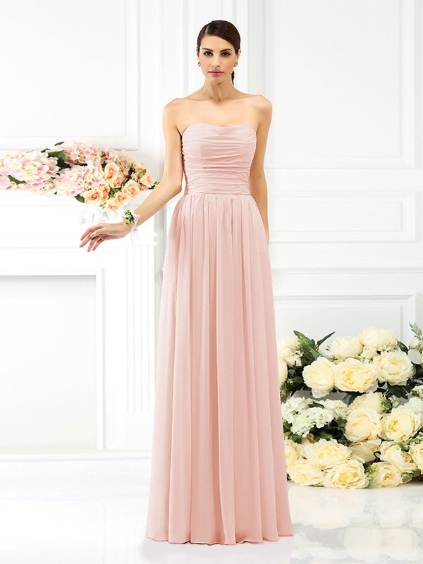 A-Line/Princess Strapless Pleats Sleeveless Long Chiffon Bridesmaid Dresses
