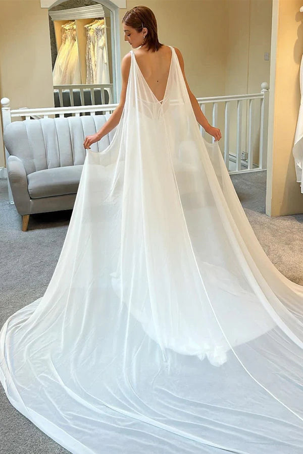 Buyishang White Plunge V Mermaid Long Wedding Dress with Detachable Cape