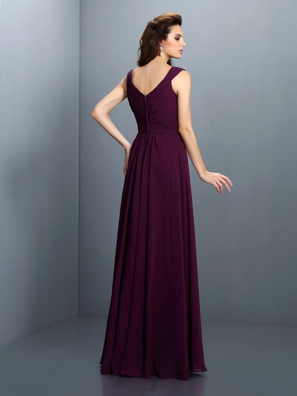 A-Line/Princess V-neck Beading Pleats Sleeveless Long Chiffon Bridesmaid Dresses