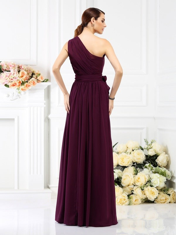 A-Line/Princess One-Shoulder Sash/Ribbon/Belt Sleeveless Long Chiffon Bridesmaid Dresses