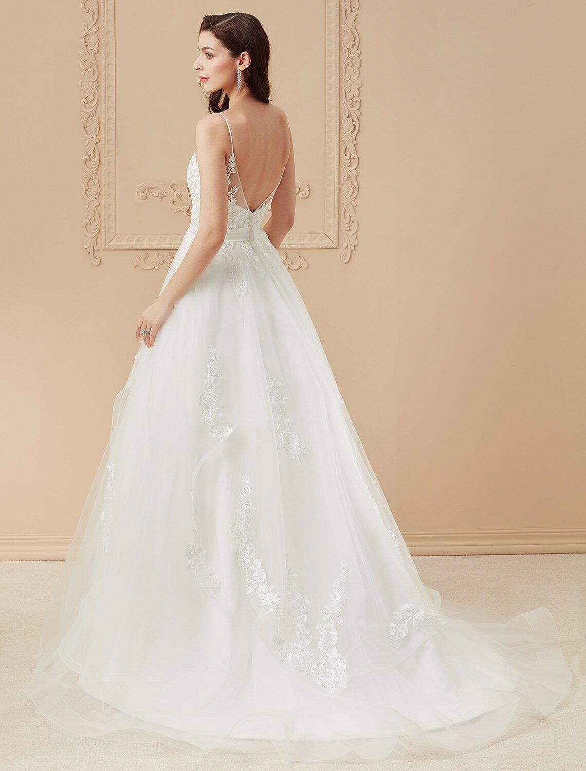 Ball Gown Wedding Dresses V Neck Sweep / Brush Train Satin Tulle Over Lace Spaghetti Strap