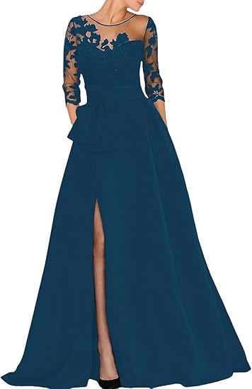 Buyishang A-Line Elegant Wedding Guest Dress Court Train Jewel Neck 3/4 Sleeve Evening Dress with Beading Slit Appliques