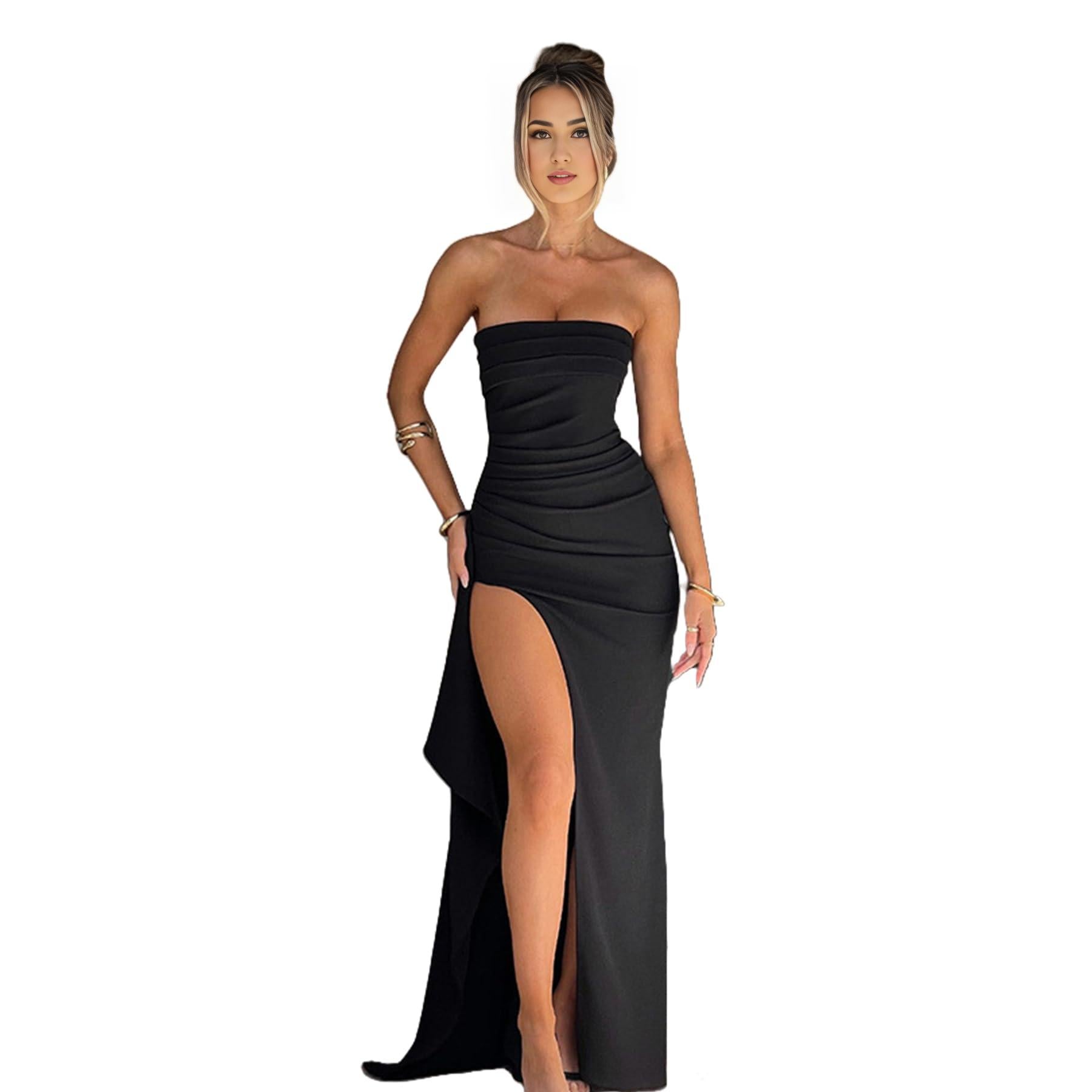 Buyishang Women's Sexy Strapless Backless High Split Long Maxi Dress Ruched Off Shoulder Sleeveless Bodycon Party Cocktail Dresses prom shop dresses