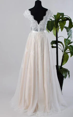 Buyishang Cap Sleeve Tulle Lace Satin Weddig Dress With Low-V Back