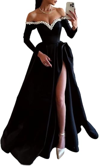 Buyishang A-Line Sexy Evening Dress Formal Prom Dress Sweep/Brush Train Long Sleeve Off Shoulder Satin with Pearls Slit