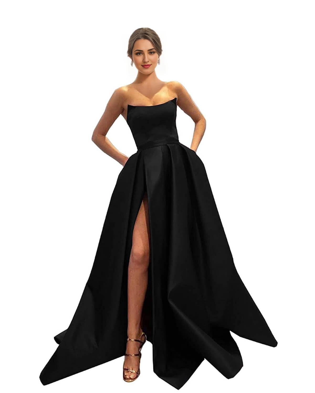 Buyishang Womens Long Strapless Satin Prom Dress Sleeveless Slit Evening Ball Gown