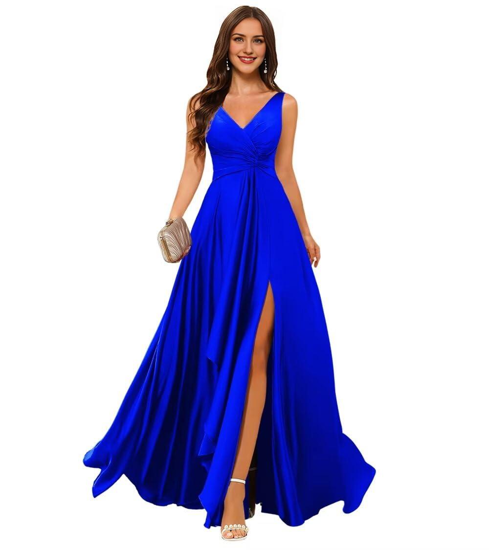 Buyishang Double V Neck Satin Bridesmaid Dresses for Women Long Ruffled Split A-line Formal Party Dresses prom shop dresses
