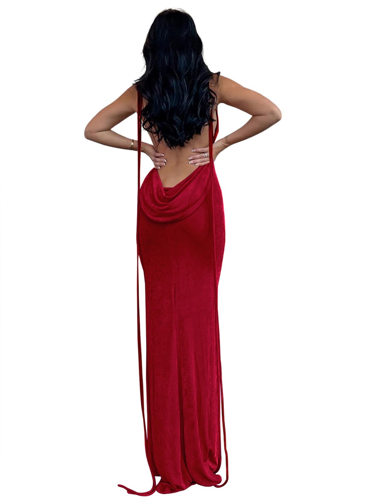 Buyishang Bodycon Dresses for Women Spaghetti Strap Lace Up Backless Cowl Neck Maxi Mermaid Cocktail Party Dress prom shop dresses