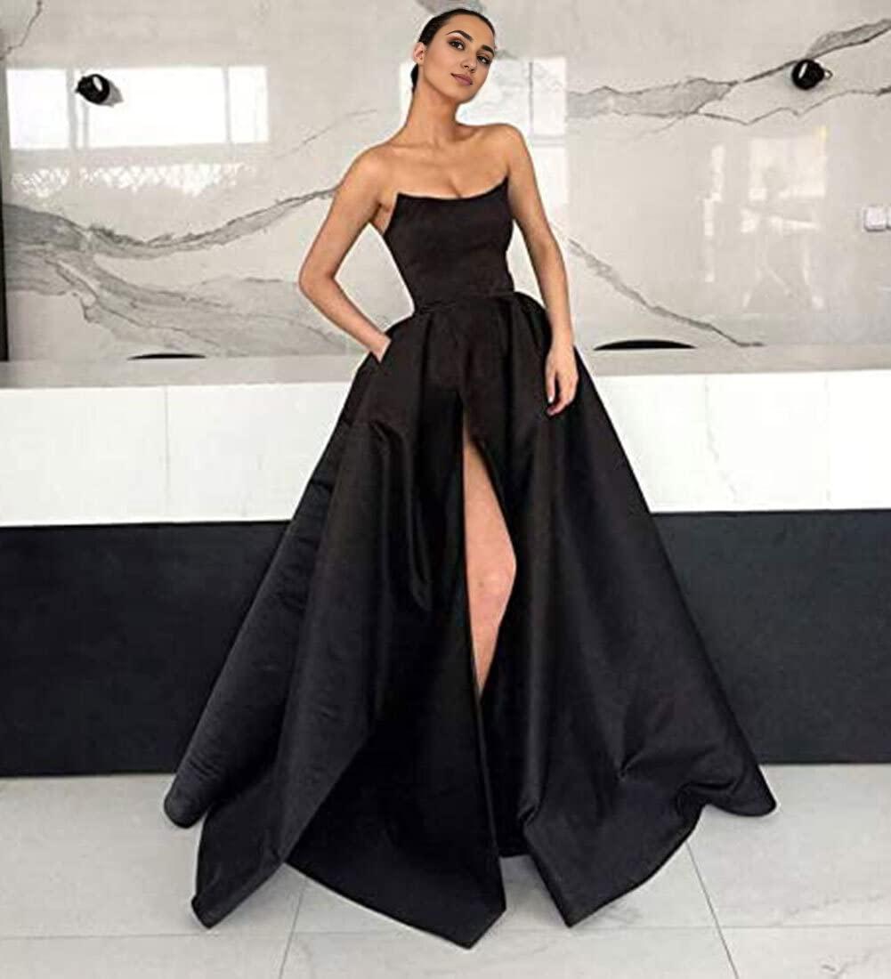 Buyishang Womens Long Strapless Satin Prom Dress Sleeveless Slit Evening Ball Gown