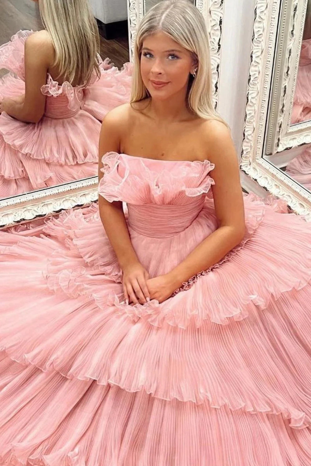 Beauty A Line Strapless Pink Long Prom Dress with Ruffles