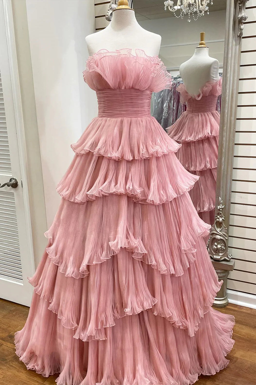Beauty A Line Strapless Pink Long Prom Dress with Ruffles