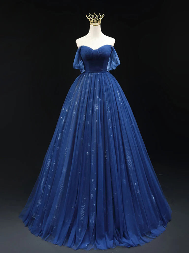 Buyishang A-Line Off Shoulder Sweetheart Neck Dark Blue Long Prom Dress Blue Formal Dress