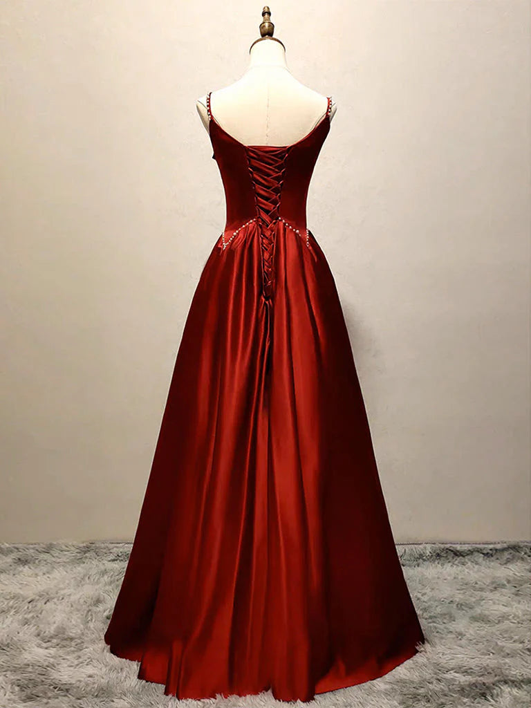 Buyishang A-Line Satin Burgundy Long Prom Dress Burgundy Long Formal Dress