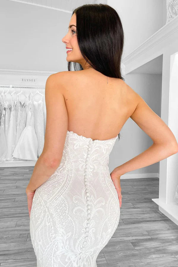Buyishang Mermaid Strapless White Lace Wedding Dresses