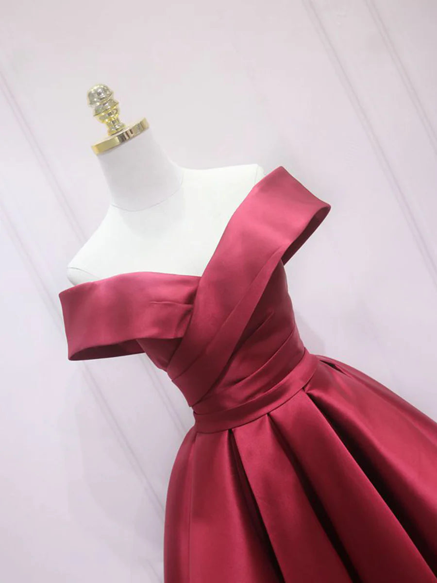 Buyishang A-Line Off Shoulder Satin Burgundy Short Prom Dress Burgundy Homecoming Dress