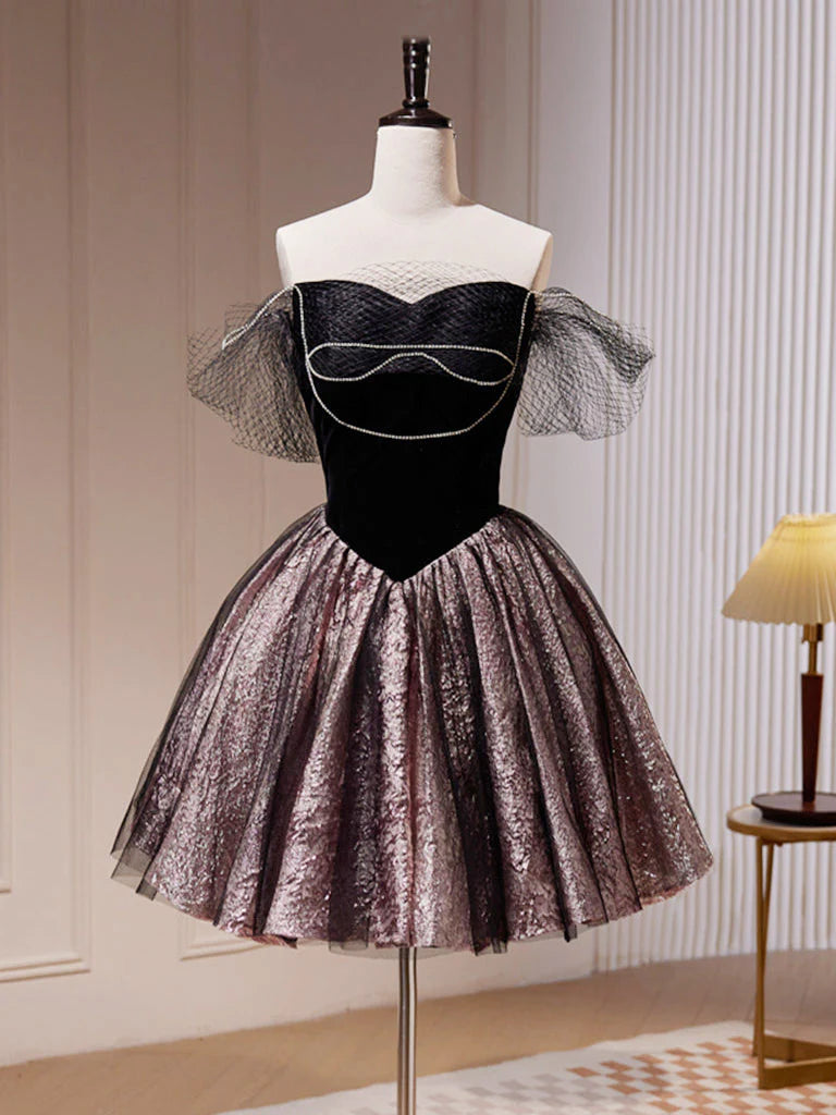 Buyishang Black Off Shoulder Tulle Short Prom Dress Black Homecoming Dress
