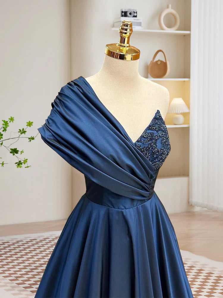 Buyishang A-Line One Shoulder Satin Beads Dark Blue Long Prom Dress Blue Long Evening Dress
