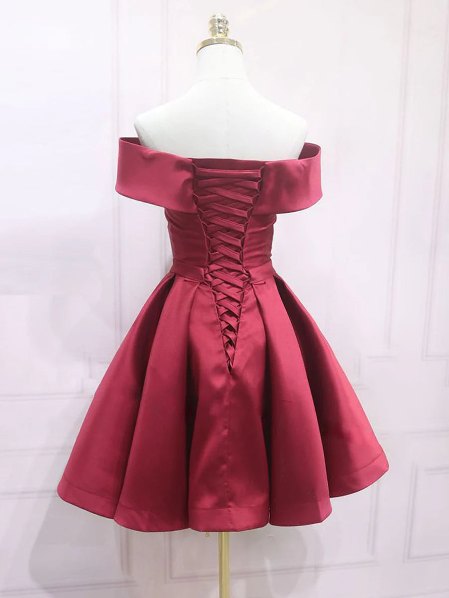 Buyishang A-Line Off Shoulder Satin Burgundy Short Prom Dress Burgundy Homecoming Dress