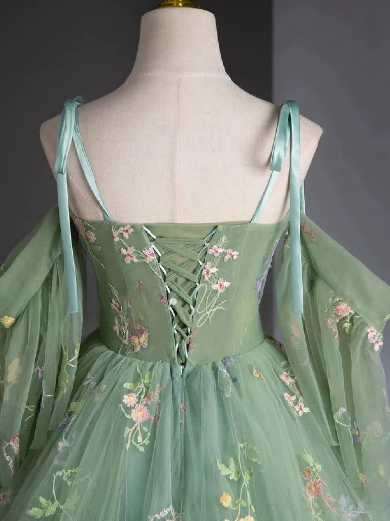 Buyishang A-Line Sweetheart Neck Tulle Lace Green Long Prom Dress