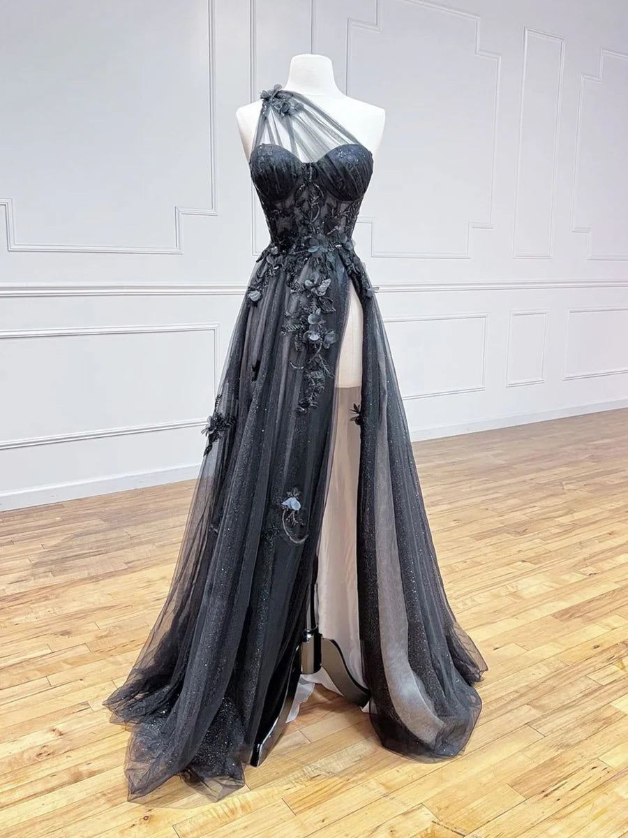 Buyishang A-Line One Shoulder Tulle Black Long Prom Dress Black Formal Evening Dress