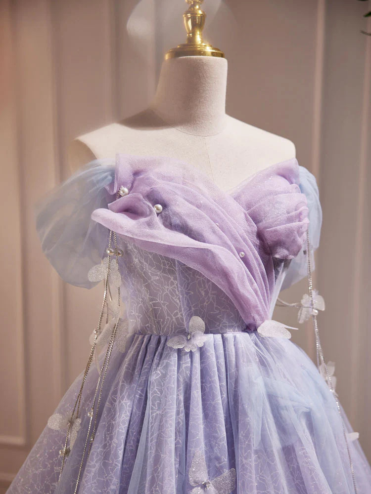 Buyishang Purple Off Shoulder Tulle Short Prom Dress Purple Homecoming Dress