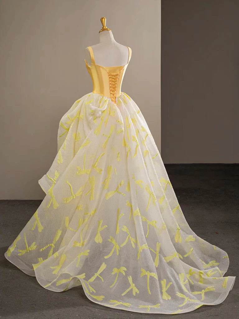 Buyishang A-Line Satin Tulle Yellow Long Prom Dress Yellow Graduation Dress