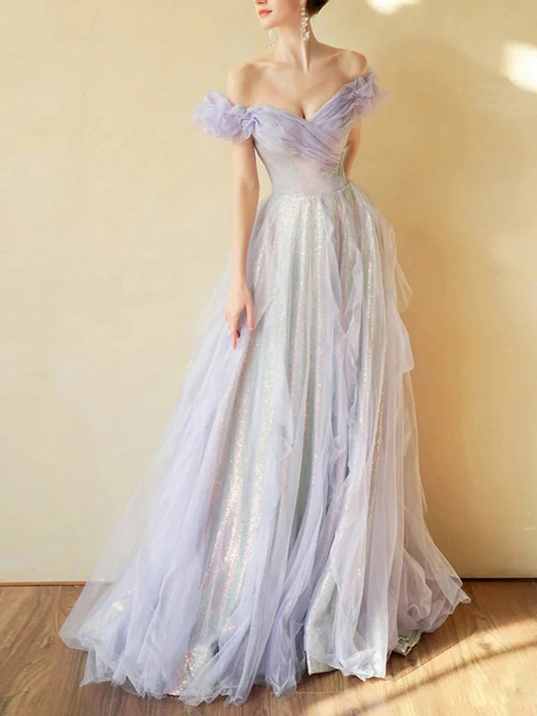 Buyishang Purple Off Shoulder Tulle Sequin Long Prom Dress Purple Formal Dress