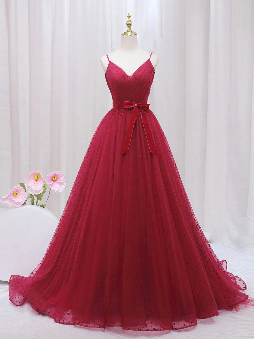 Buyishang A-Line V Neck Tulle Burgundy Long Prom Dress Burgundy Formal Dresses