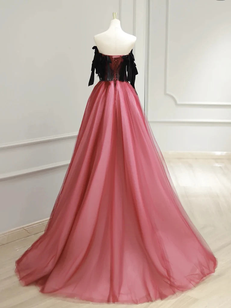 Buyishang A-Line Tulle Watermelon Red Long Prom Dress Watermelon Red Tulle Long Formal Dress